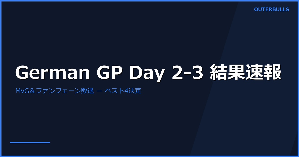 German GP 2回戦結果 — MvG・ファンフェーン敗退の大波乱、本日最終日に3回戦〜決勝